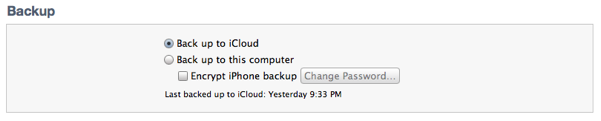 iTunes iCloud Backup Settings
