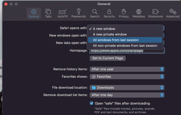 Safari Preferences - Restore Last Session Windows 
