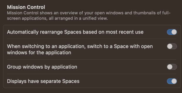 Settings to add a mac menu bar to a second monitor. 