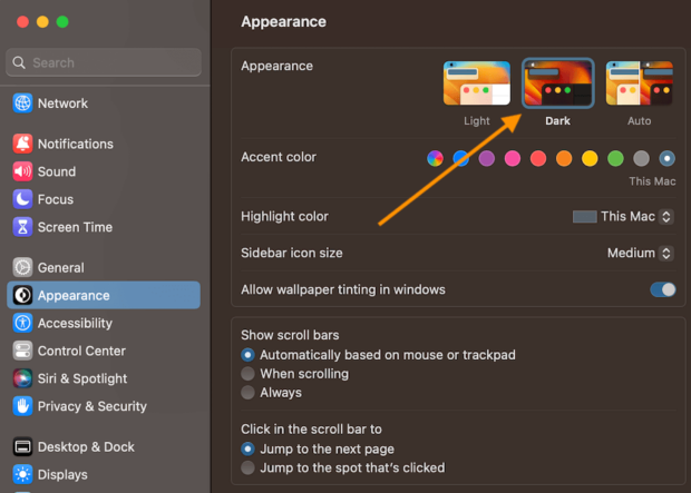 Dark Mode in Safari Mac OS Ventura Settings screen