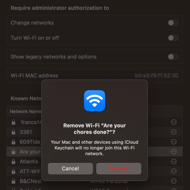 Confirmation window for removing a wi-fi network from your Mac