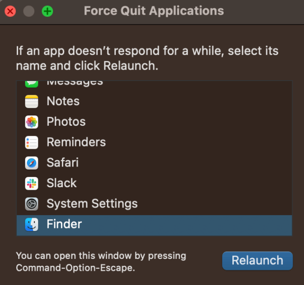 Restart Finder On A Mac Through Force Quite Applications window
